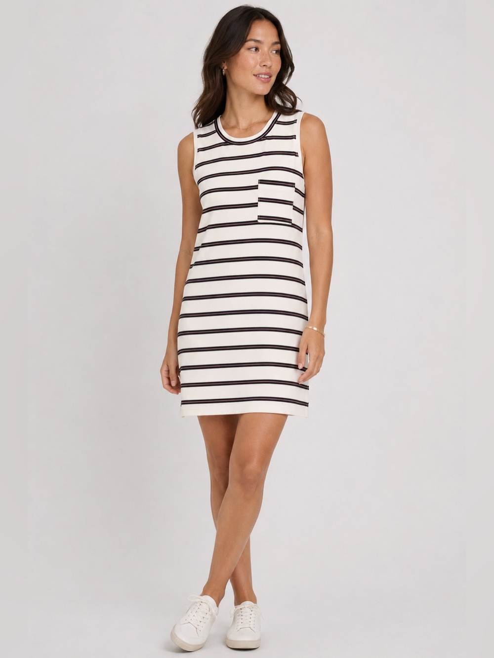 Three Dots Stretch Knit Tank Dress Sleeveless Striped Cream Black Pink M NEW